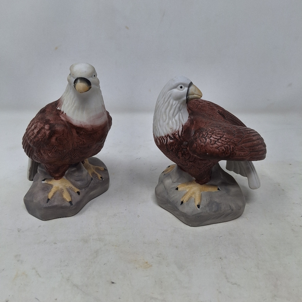 Vintage Bald Eagle On Rock Porcelain Figurines Matching Set Of 2 Hand Painted